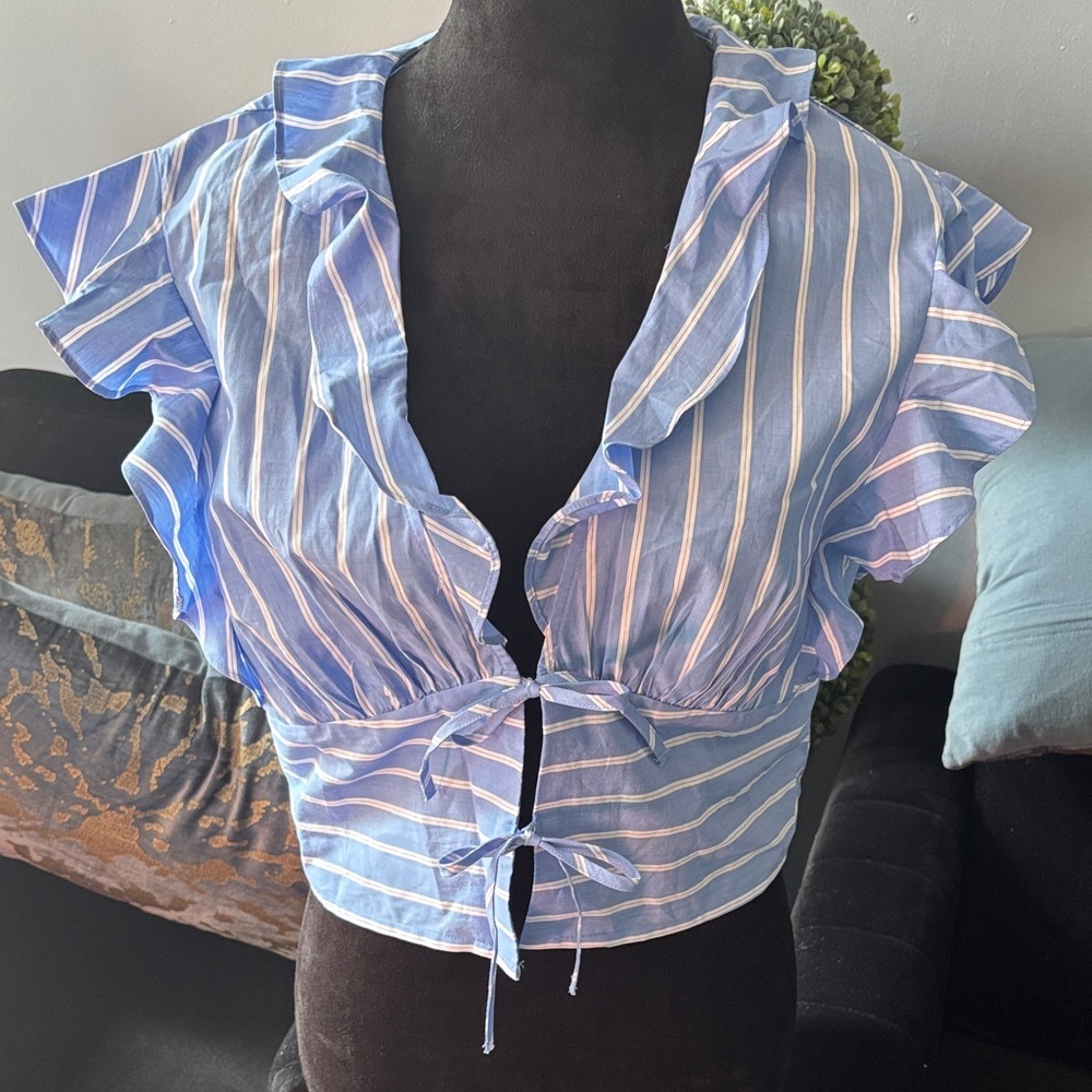H&M Light Blue Striped Ruffle Sleeve Blouse
